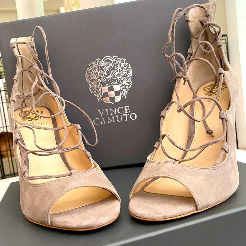 Brand New in Box never worn before Vince Camuto stone taupe suede wrap heels!!